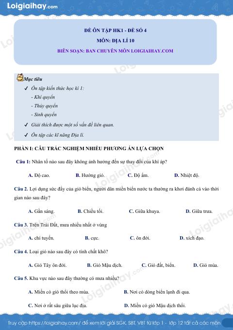Đề kiểm tra học kì 1 Địa lí 10 - Đề số 4